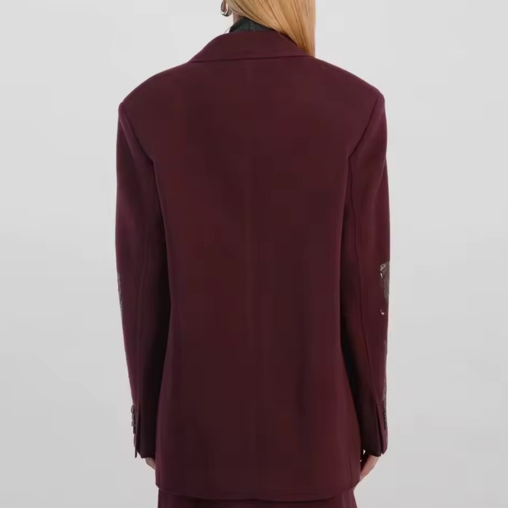 Burgundy Printing Blazers For Women Notched Collar Long Sleeve Patchwork Single - Picture 6 of 11